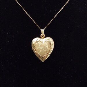 Vtg 1/20 14K Gold Filled Engraved Heart Locket Pendant Chain Necklace 20in Love